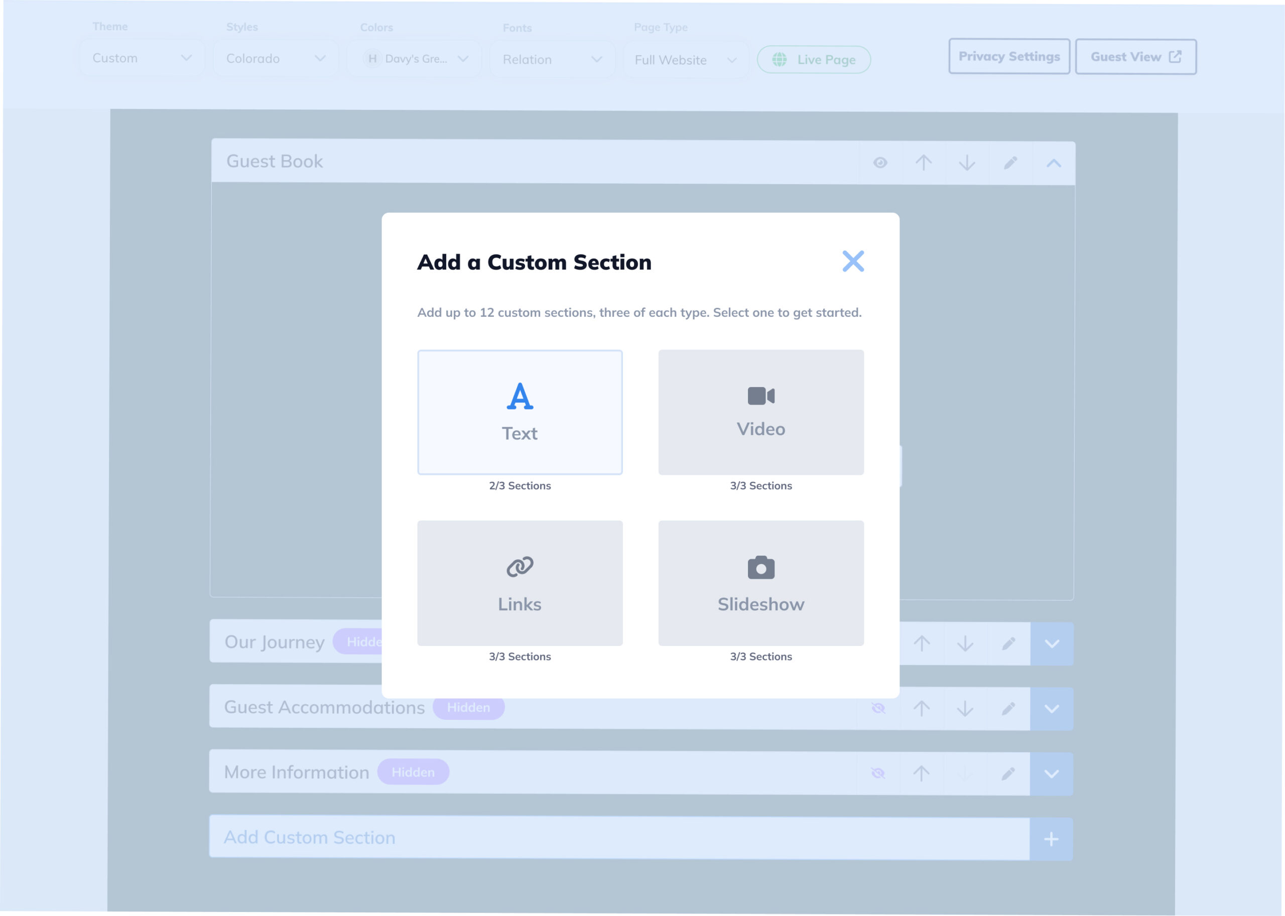 The Add a Custom Section chooser